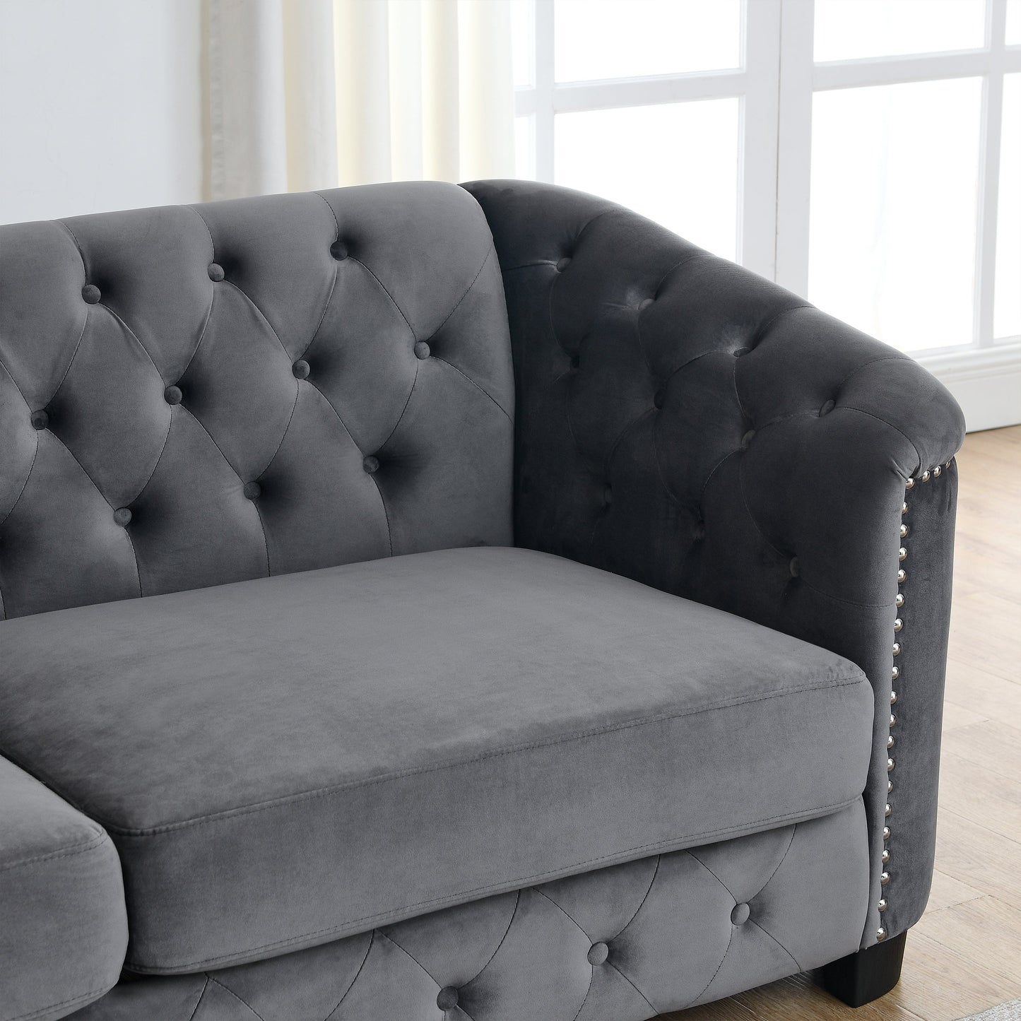 NEW Grey 59-Inch Modern Chesterfield Velvet Sofa 2-Seater Couch Upholstered Tufted Backrests with Nailhead Arms and 2 Cushions