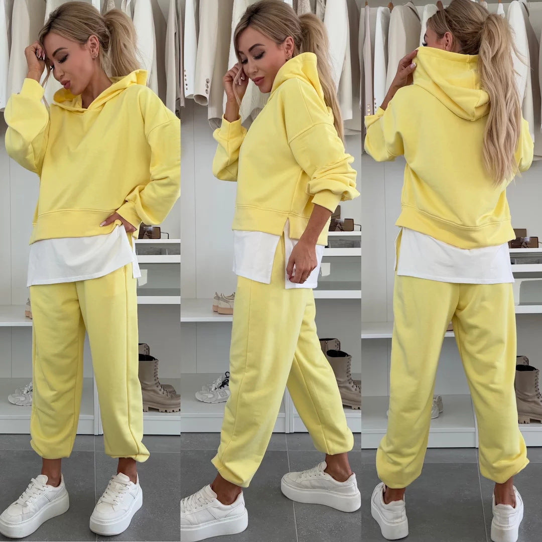 New Hooded Sweatshirt Suit Loose Long Sleeve False Two-piece Tops And Jogger Sports Trousers Casual Spots Set For Women's Clothing