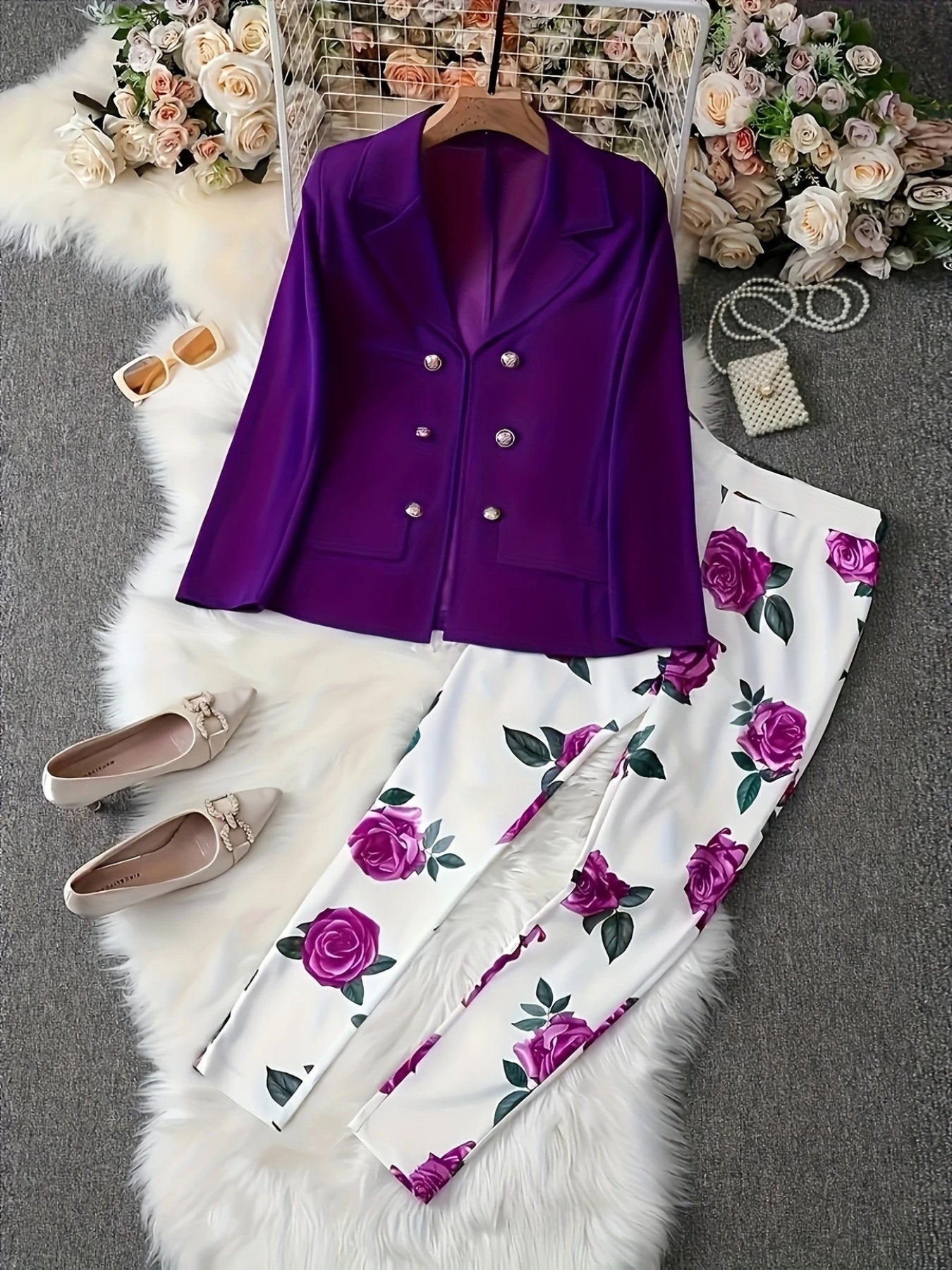 New 2025 New Elegant And Fashionable Casual Floral Print Set, Double Breasted Purple Suit Jacket And Floral Print High Waisted Slim Pants, Spring And Autumn Women's Clothing