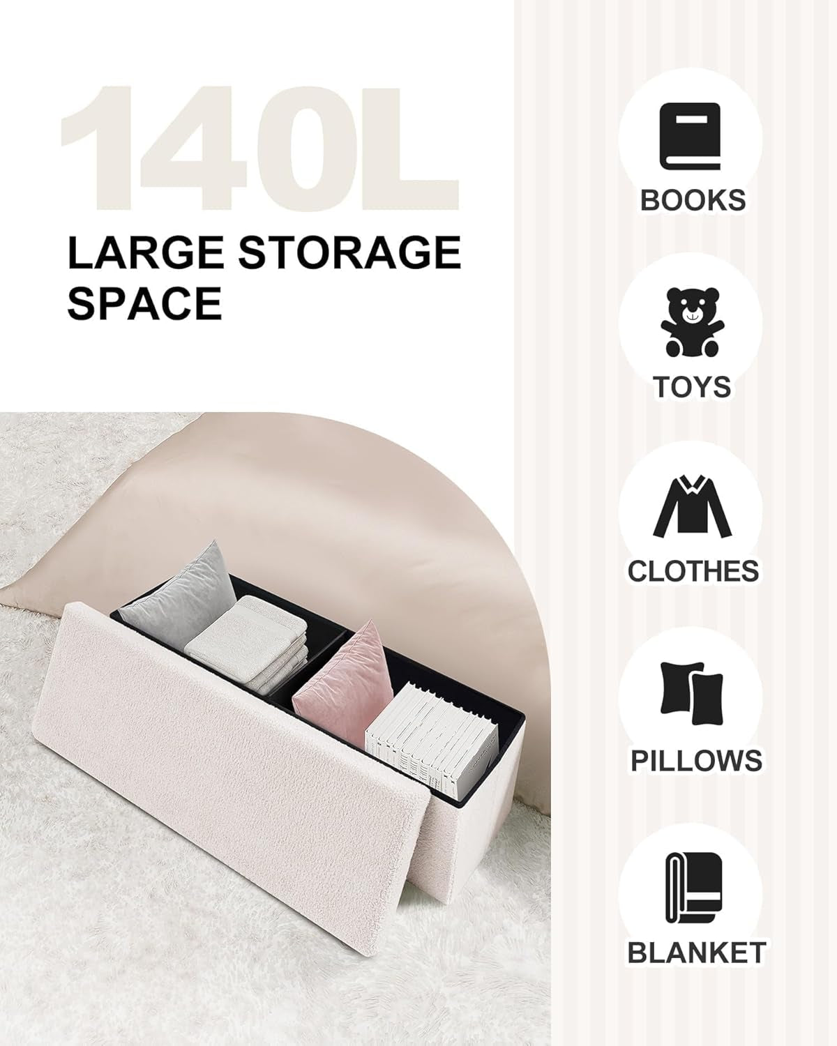 NEW Cream White Faux Fur Storage Ottoman 43.3 Inch Dimensions