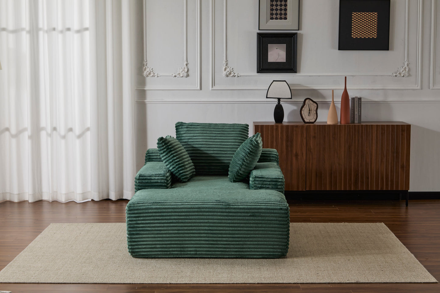 NEW Oversized Chaise Lounge Chair Cozy Cloud Couch Modern Plush Green Corduroy Upholstered Sleeper Sofa Daybed with 3 Throw Pillows and Wide Armrest