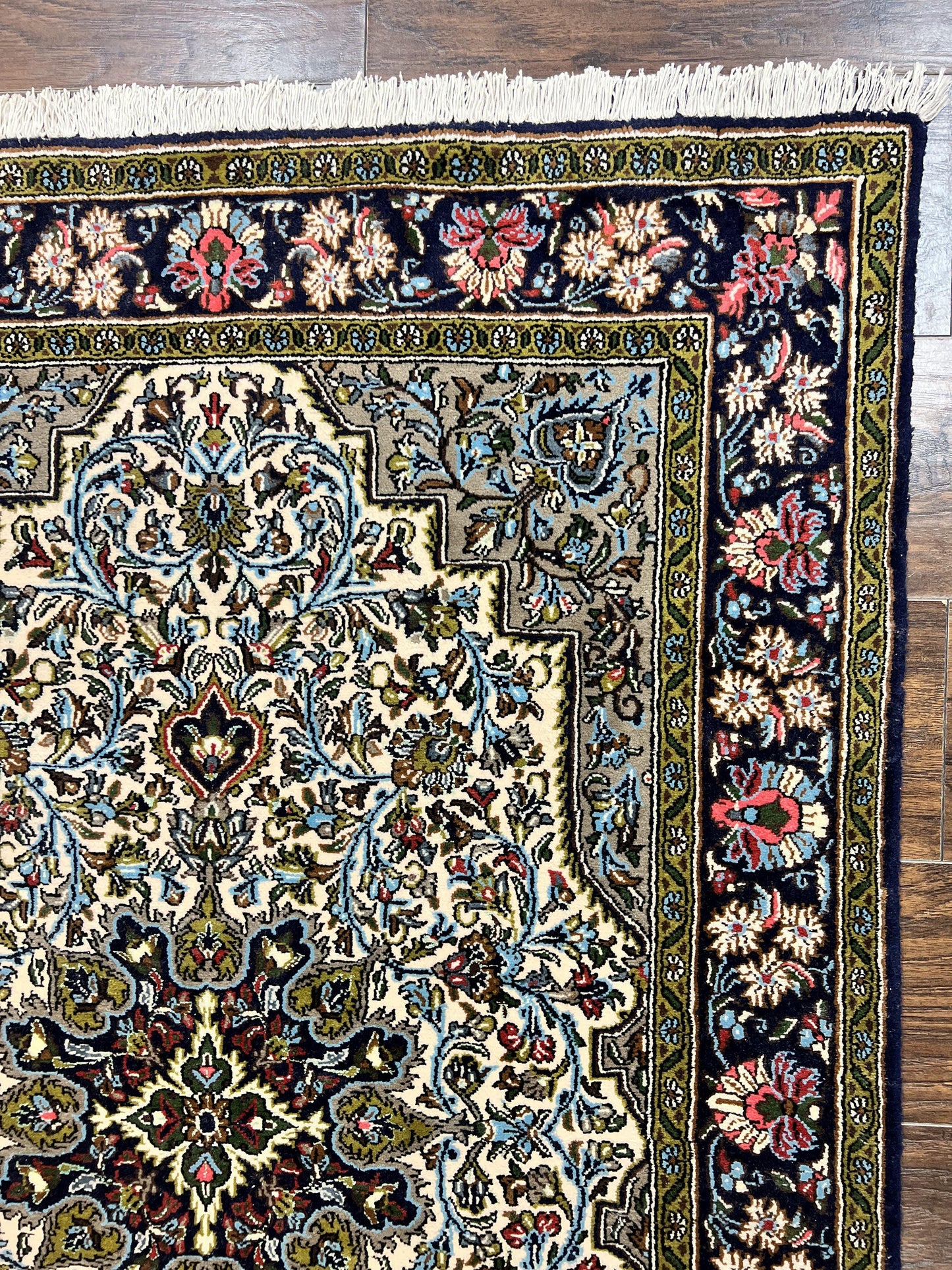 USED Persian Qum Rug 3x5, Wool with Silk Highlights, Handmade Semi Antique Carpet, Ivory & Navy Blue, Floral Medallion, Finely Hand Knotted
