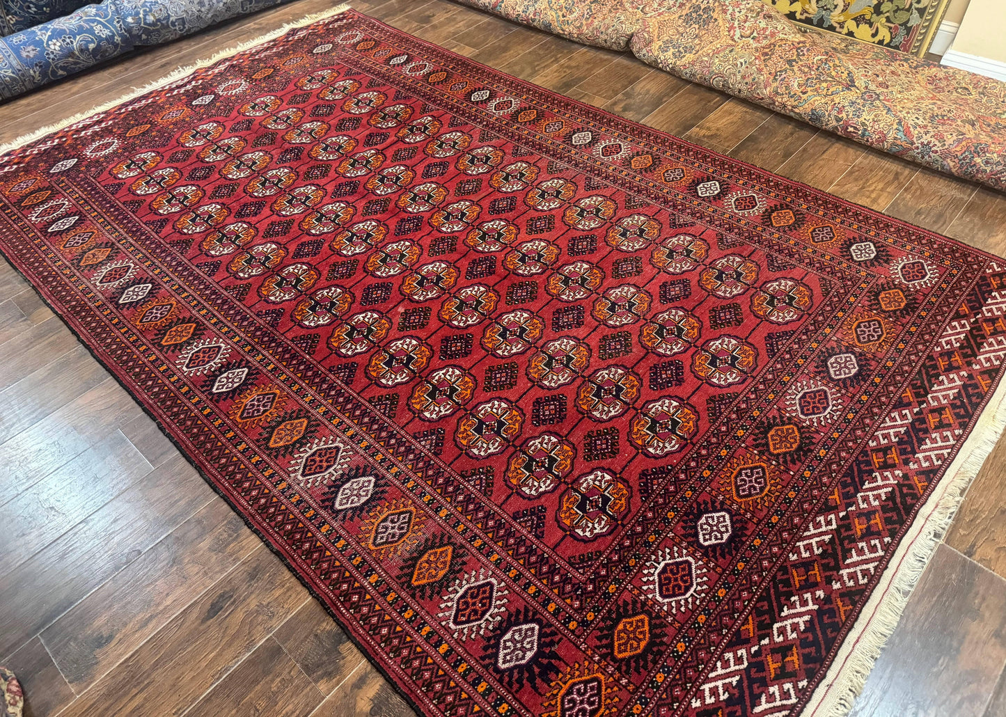 USED Antique Persian Turkoman Bokhara Rug 7x11, Tribal Rug, Red