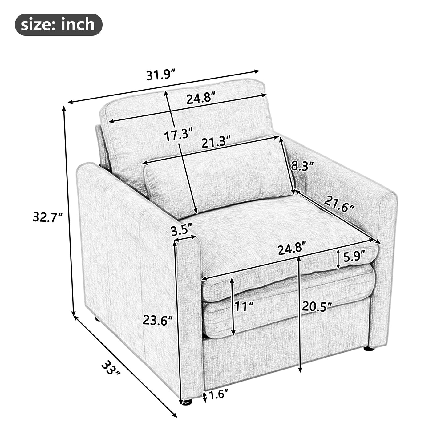 NEW Light Grey Chenille Cozy Upholstered Oversized Comfy Cloud Double Cushion Single Armchair Sofa