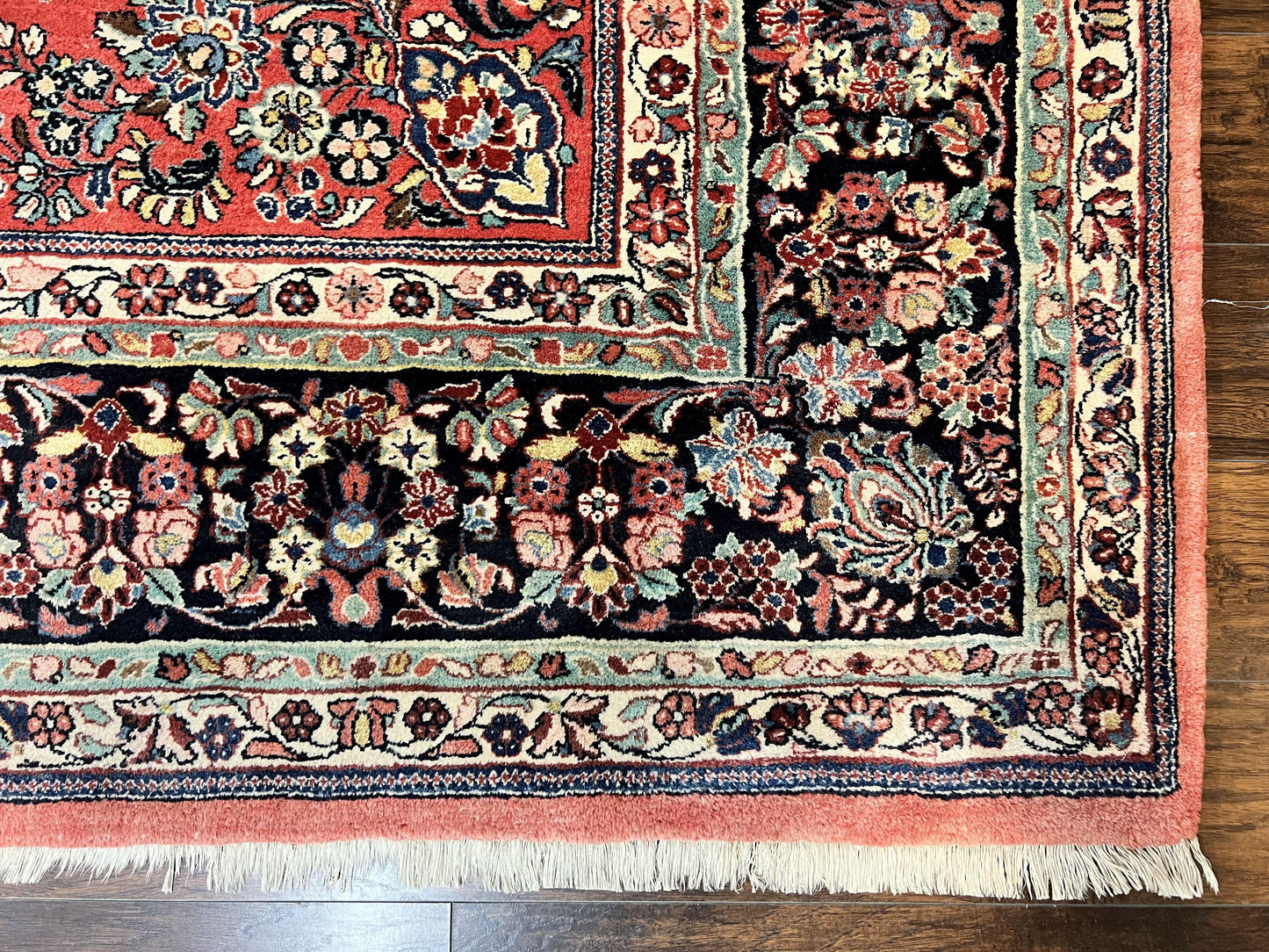 USED Square Persian Sarouk Rug 11x11 ft, Rare Size, Hand Knotted Wool Floral Allover Red Persian Carpet, Handmade Antique Rug