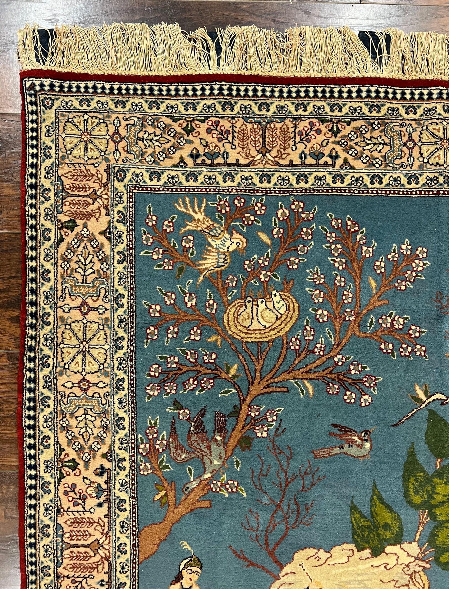 USED Vintage Persian Qum Pictorial Rug 5x7 - Wool & Silk