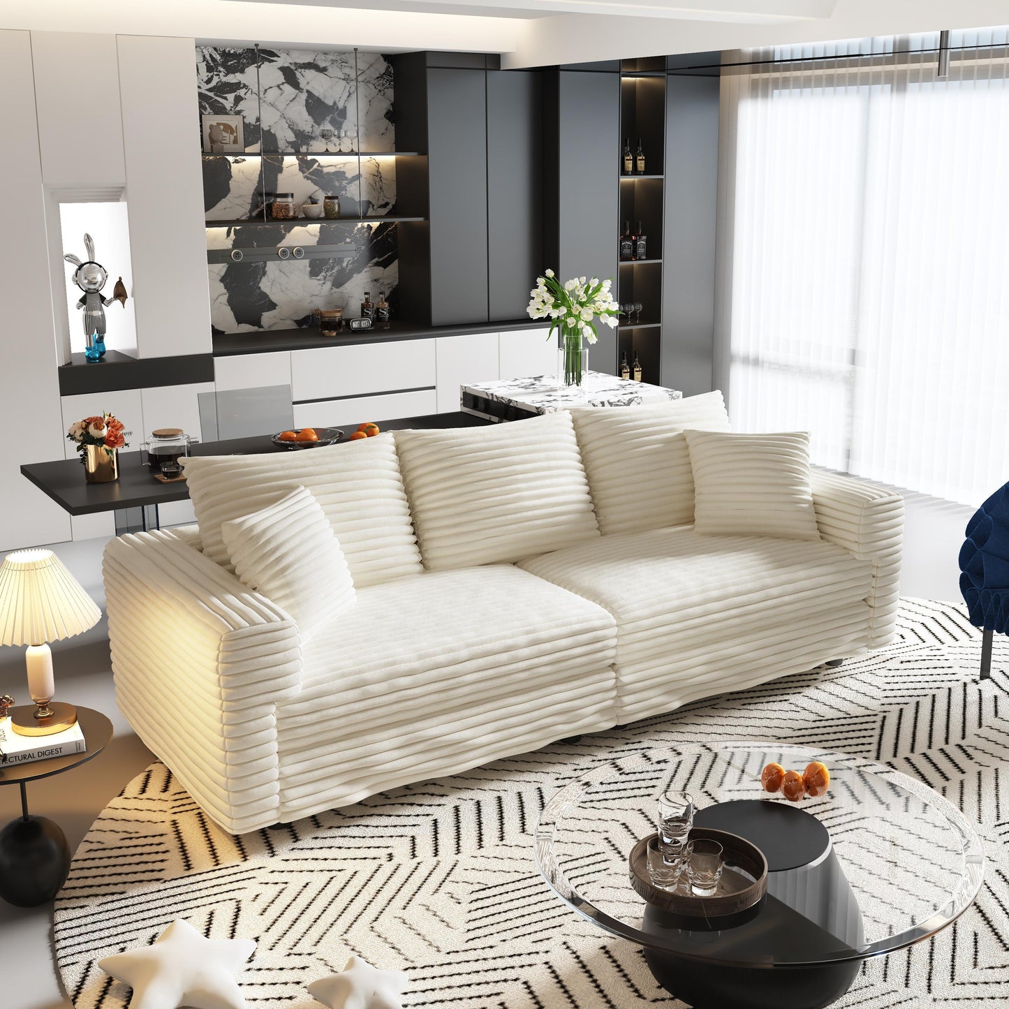 NEW 82.7 ' Plush Corduroy 3-Seat Sofa, Modern Comfy Upholstered Sofa Cloud Couch, Deep Seat Couches with Soft Pillows and 2 Ottomans, Convertible Sofa Lounge Chair, for Living Room,Apartment,Office,Beige