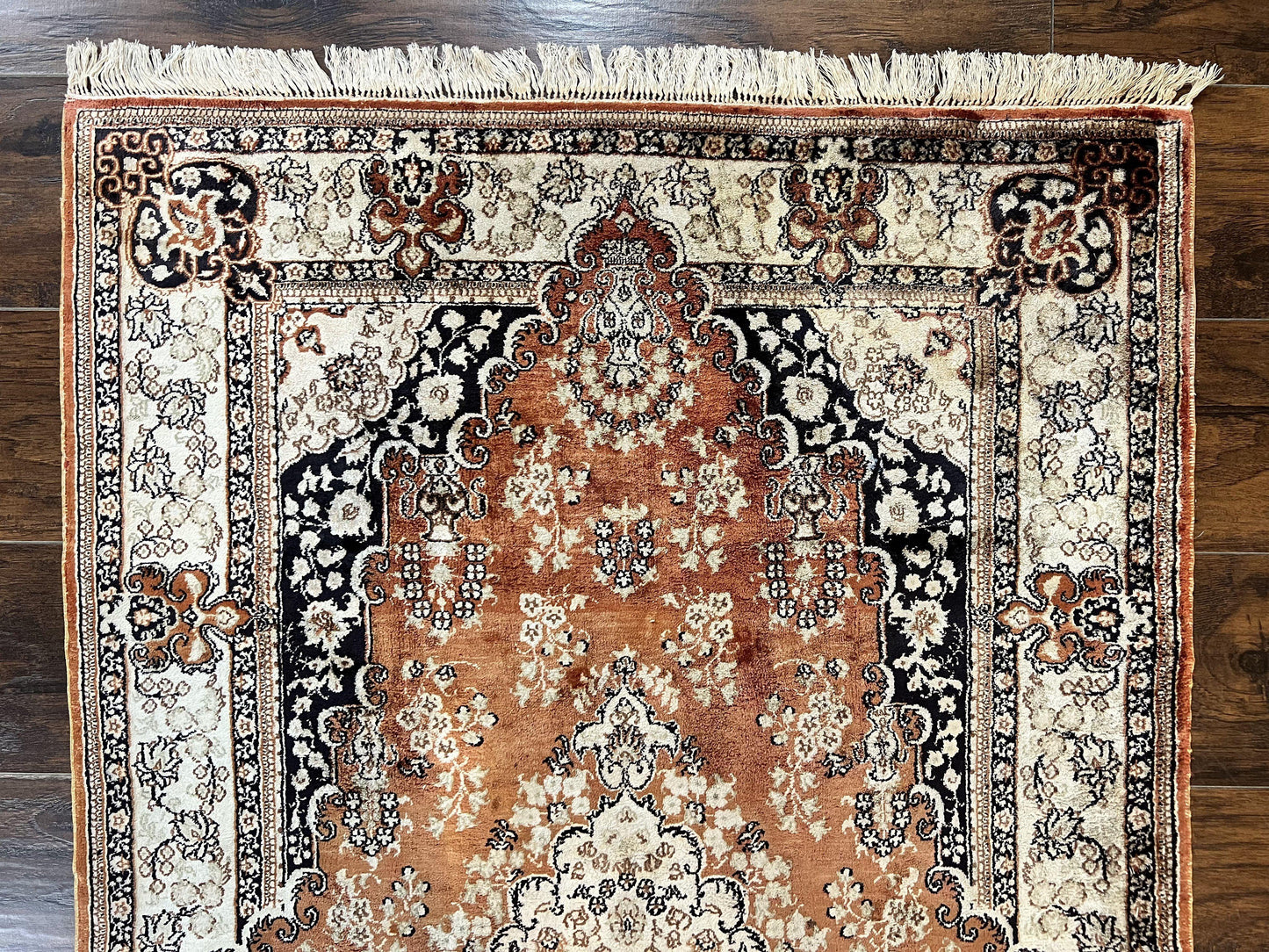 USED Turkish Silk Rug 3x5, Very Fine 400 KPSI, Floral Medallion, Handmade Hand Knotted Silk on Silk Oriental Carpet