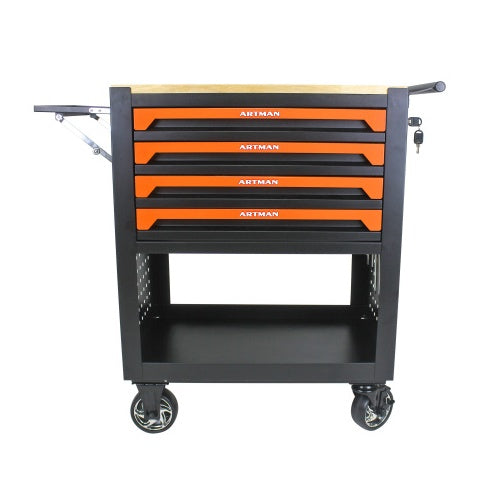 NEW Black Orange 4 Drawer Multi-Functional Tool Cart with Wheels and Wooden Top