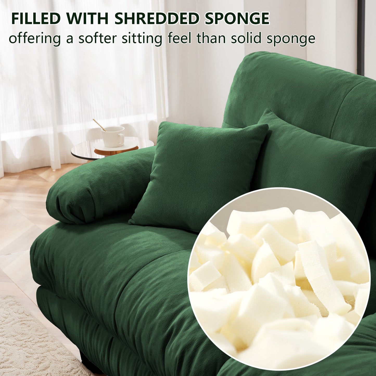 NEW Cloud Couch Sleeper Sofa for Living Room, Chenille 2 Seater sofa with 2 Lumbar pillows and 2 throw pillows , Upholstered Wide Arm Sofa with 2 Ottomans,Chenille Green