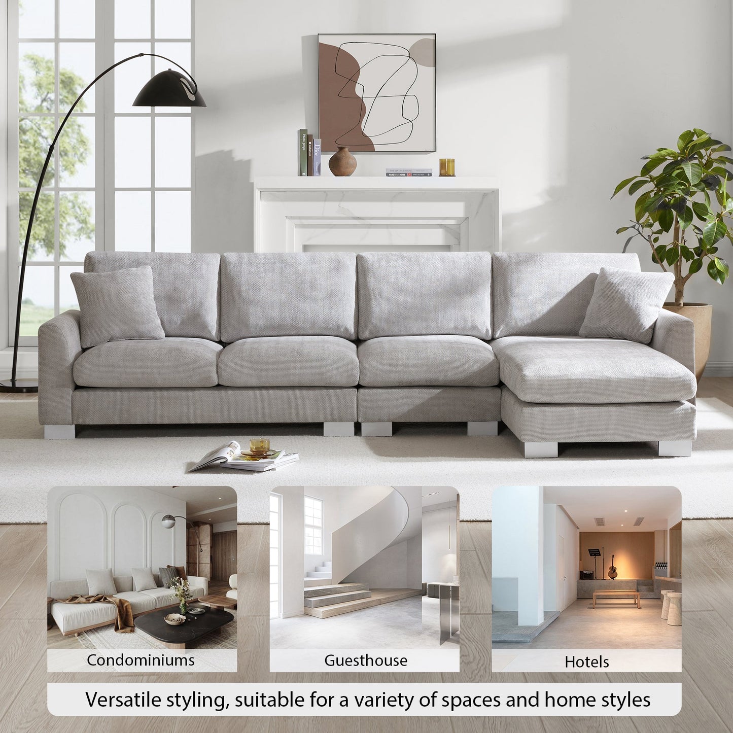 NEW Chenille Fabric Light Gray Modern Oversized L-Shaped Sectional Sofa with Chaise and Pillows