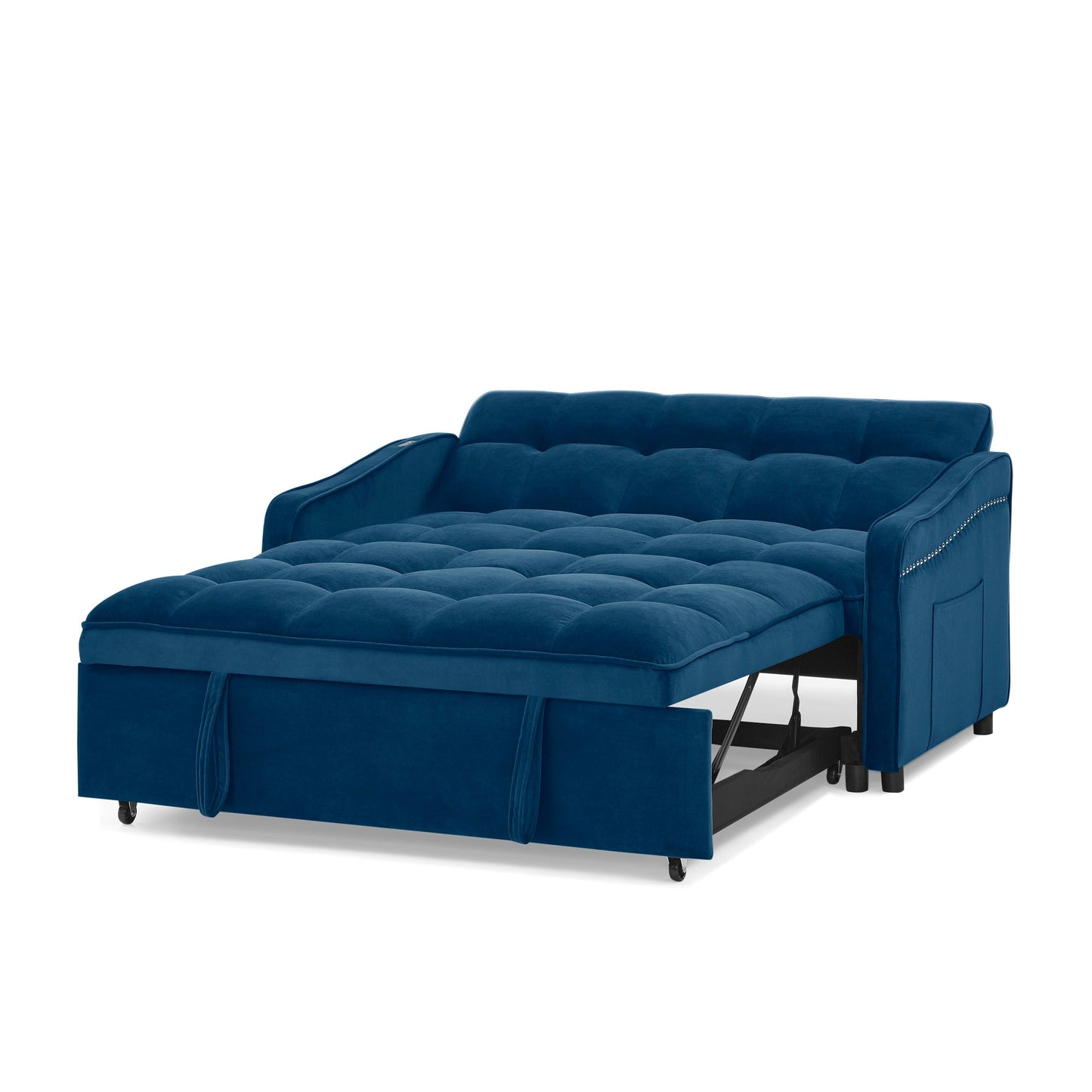 NEW Blue Copper Nail Loveseat Sofa Bed with Pull-out Bed with Adjustable Back Two Arm Pocket TypeC and USB Charging