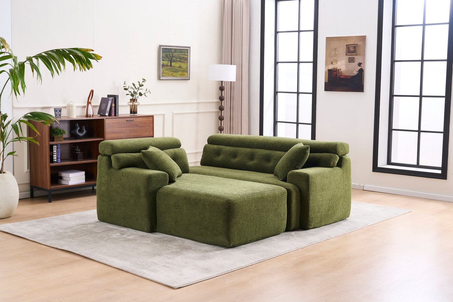 NEW 105' Modula Compression Sponge L-Shaped, Chesterfield-Inspired Design, No-Assembly Chenille Couch, 30D High-Density for Living Room, Bedroom, Apartment.Green.