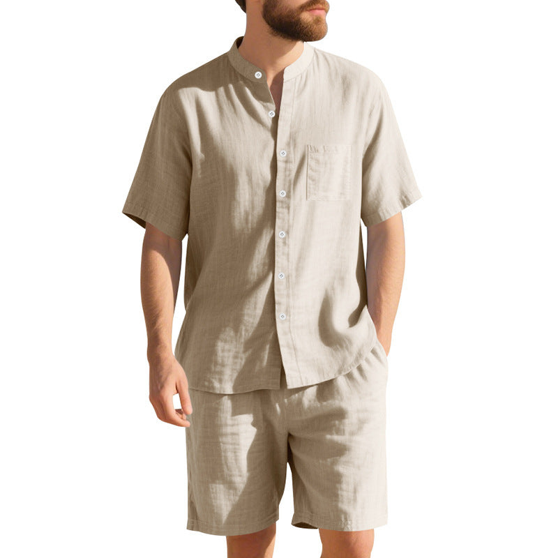 New American Linen Suit Men's Summer Two-piece Suit Henry Collar Beach