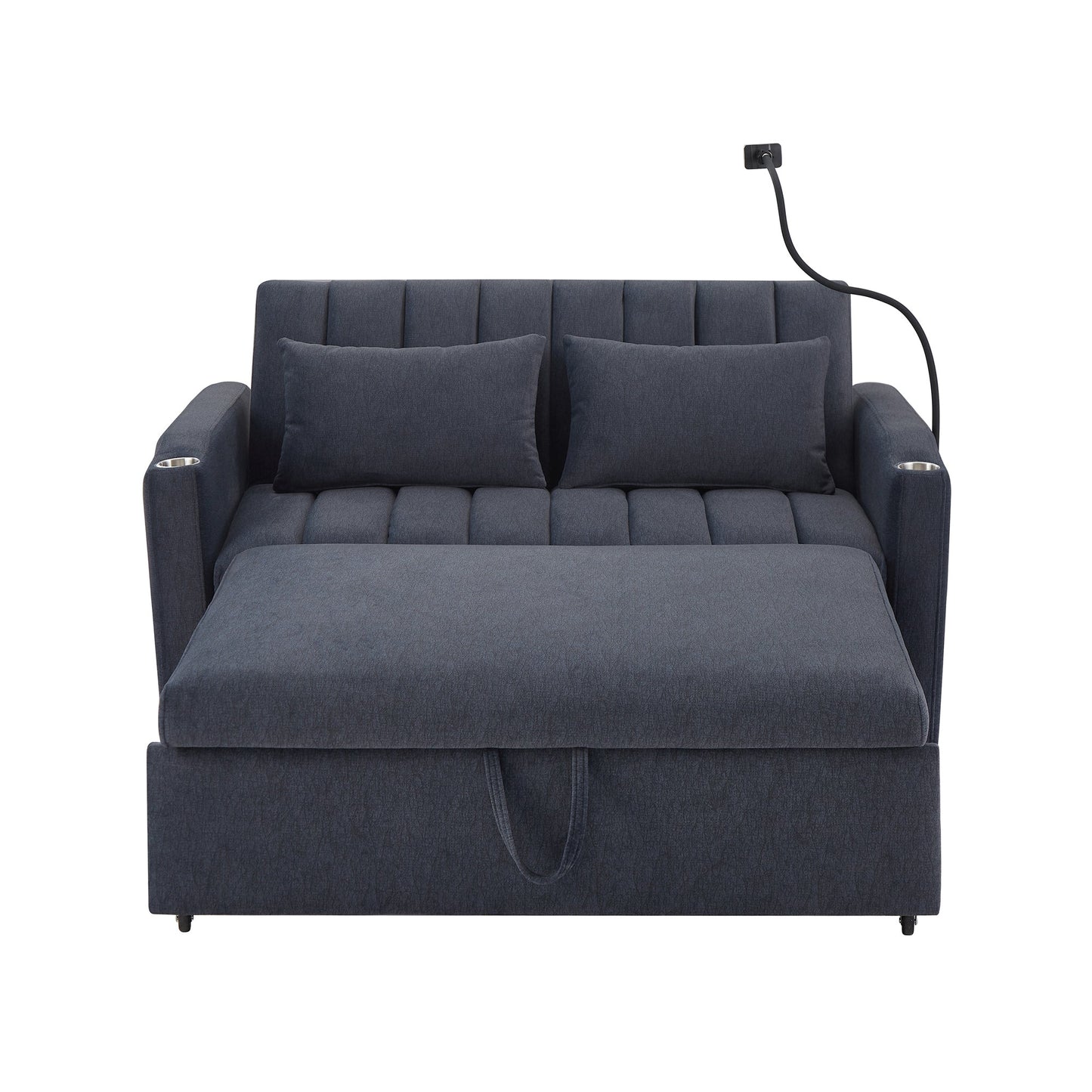 NEW Convertible Sofa Bed Loveseat with USB Ports, Side Pockets, Cup Holders, and Phone Holder in Blue Grey Bella Fabric, 55.9'