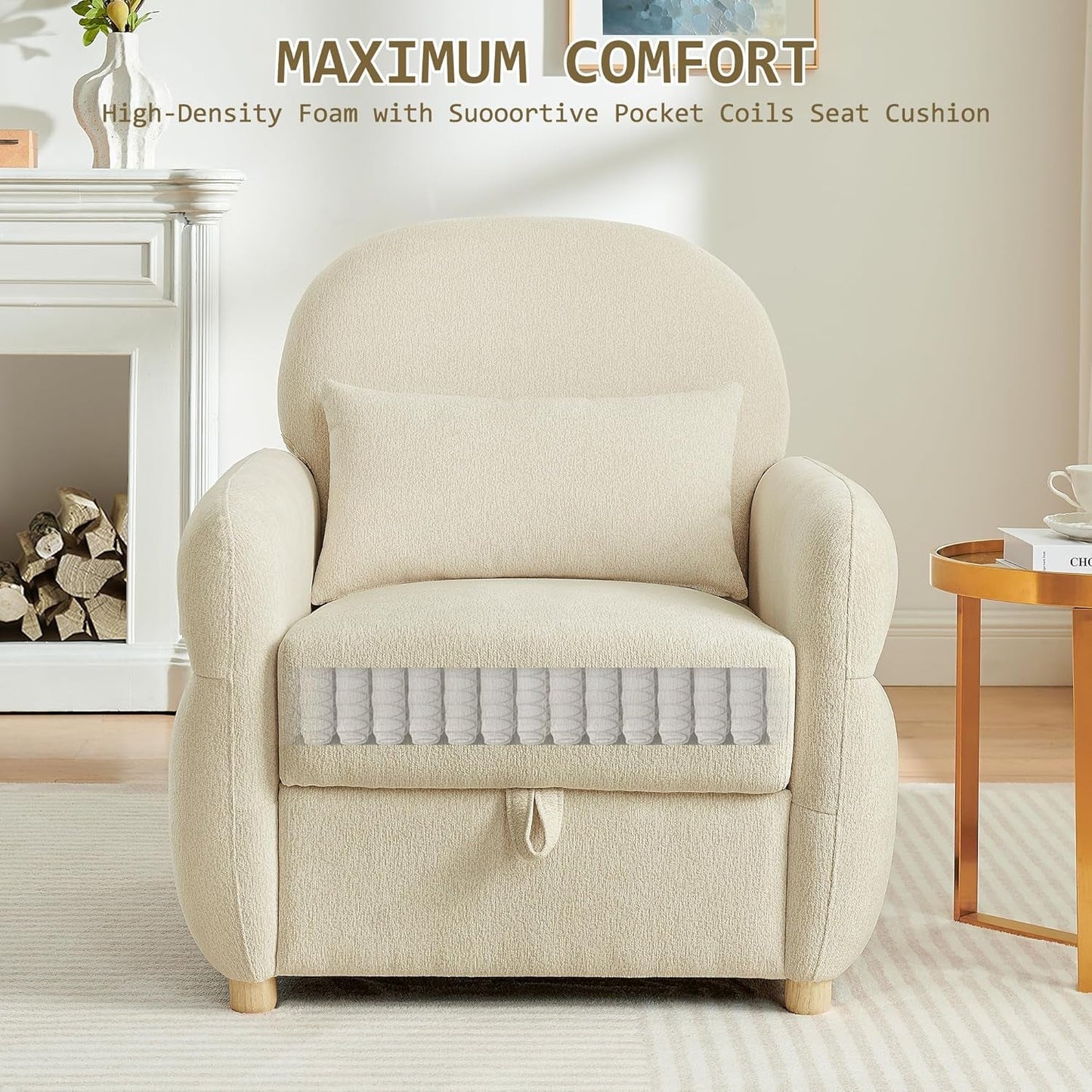 NEW Beige Contemporary Accent Chair With Generous Storage