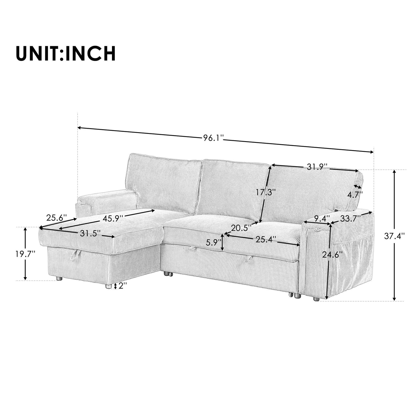 NEW U_STYLE Upholstery Sleeper Sectional Sofa with Storage Bags and 2 cup holders  on Arms