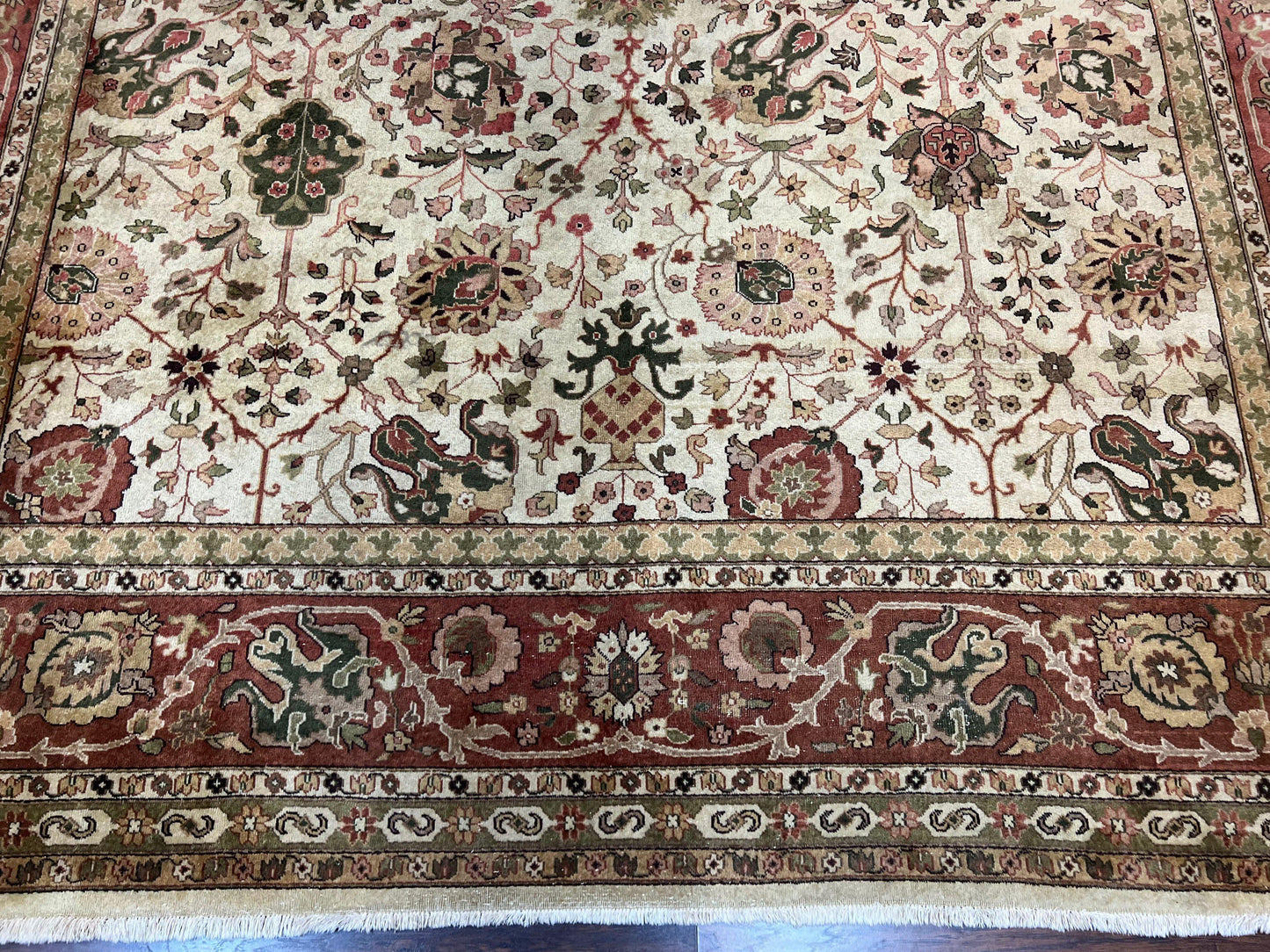 USED Large Indian Rug 10x14, Hand Knotted Indo Persian Gandehar Oriental Carpet, Vintage Wool Rug 10 x 14 ft Cream Red Floral Allover Traditional