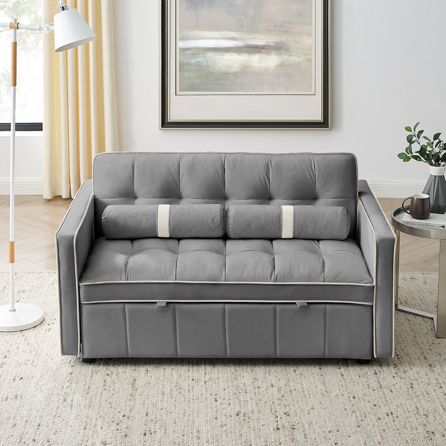 NEW Modern 55.5' Pull Out Sleep SofaBed 2 Seater Loveseat Sofa Couch with Side Pockets and Adjustable Backrest