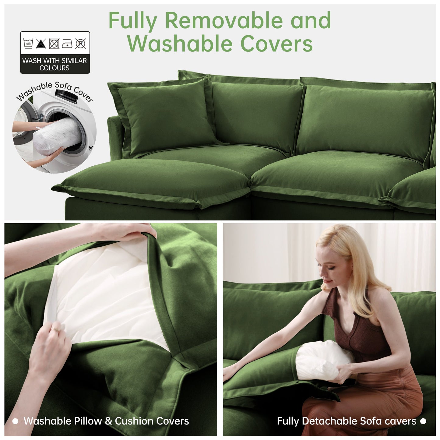 NEW Slip-covered Armchair with 1 Big Back Cushion and 2 Big Toss Pillows, Single Deep Seat Comfy Single Couch Sofa Multiple Large Soft Pillows, Chenille Fabric, Green