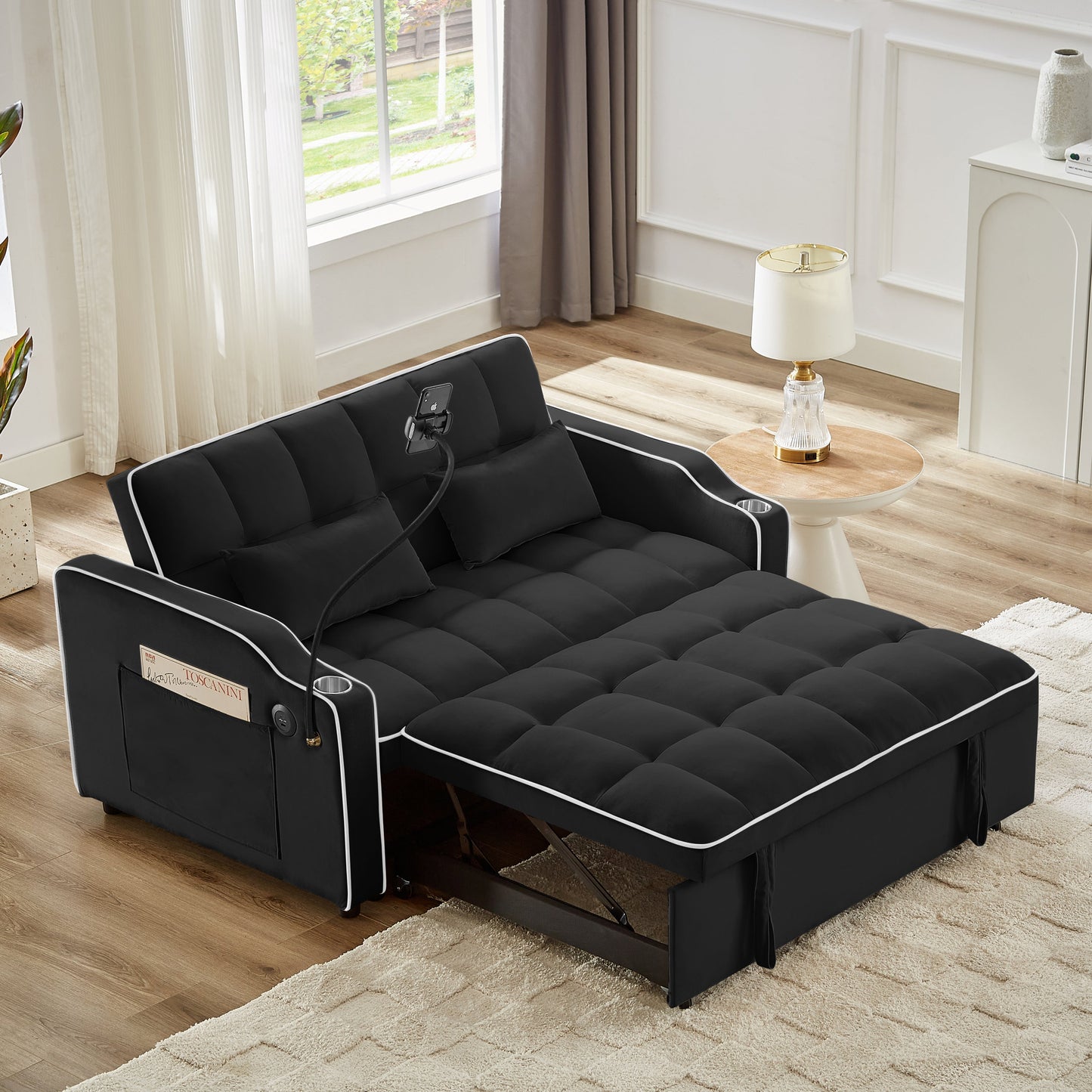 NEW 1 versatile foldable sofa bed in 3 lengths, modern sofa sofa sofa velvet pull-out bed, adjustable back and with USB port and ashtray and swivel phone stand (black)