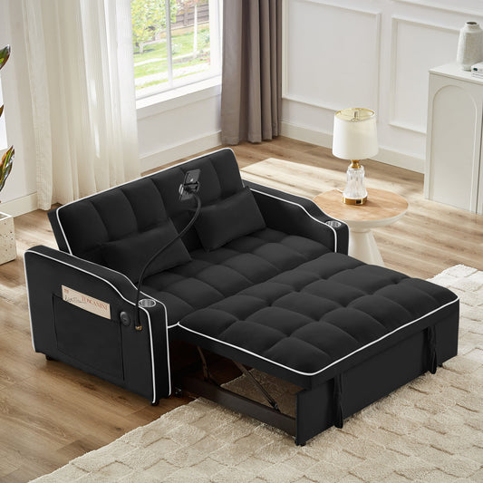 NEW 1 versatile foldable sofa bed in 3 lengths, modern sofa sofa sofa velvet pull-out bed, adjustable back and with USB port and ashtray and swivel phone stand (black)