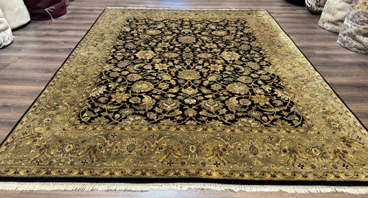 USED Indo Persian Rug 8x10, Black and Green, Wool, Handmade, Traditional, Floral Allover, Vintage