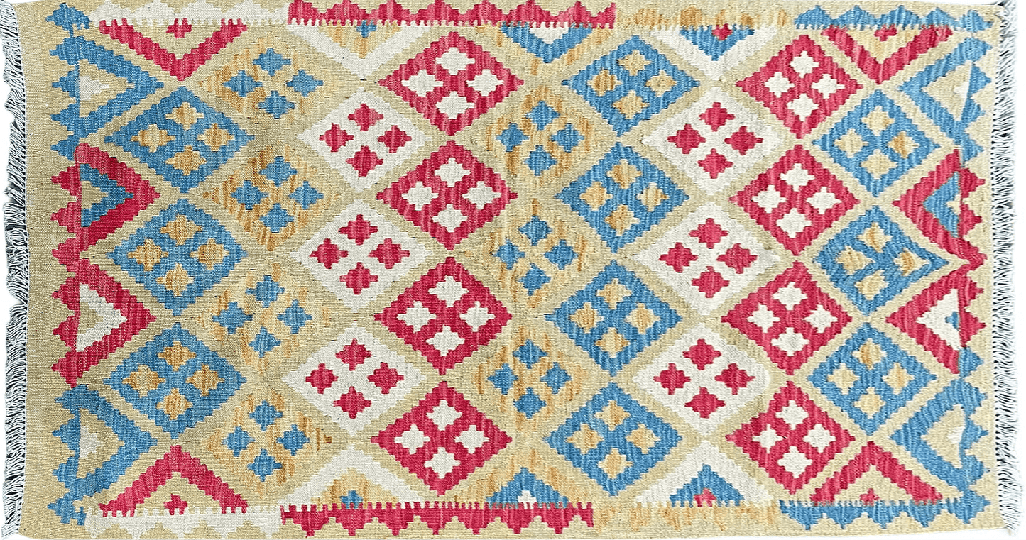 USED 3x5 Kilim Rug Multicolor Tribal Kilim Rug 3 x 5 Tan Light Blue Red Beige New Turkish Anatolian Wool Kilim Flatweave Rug
