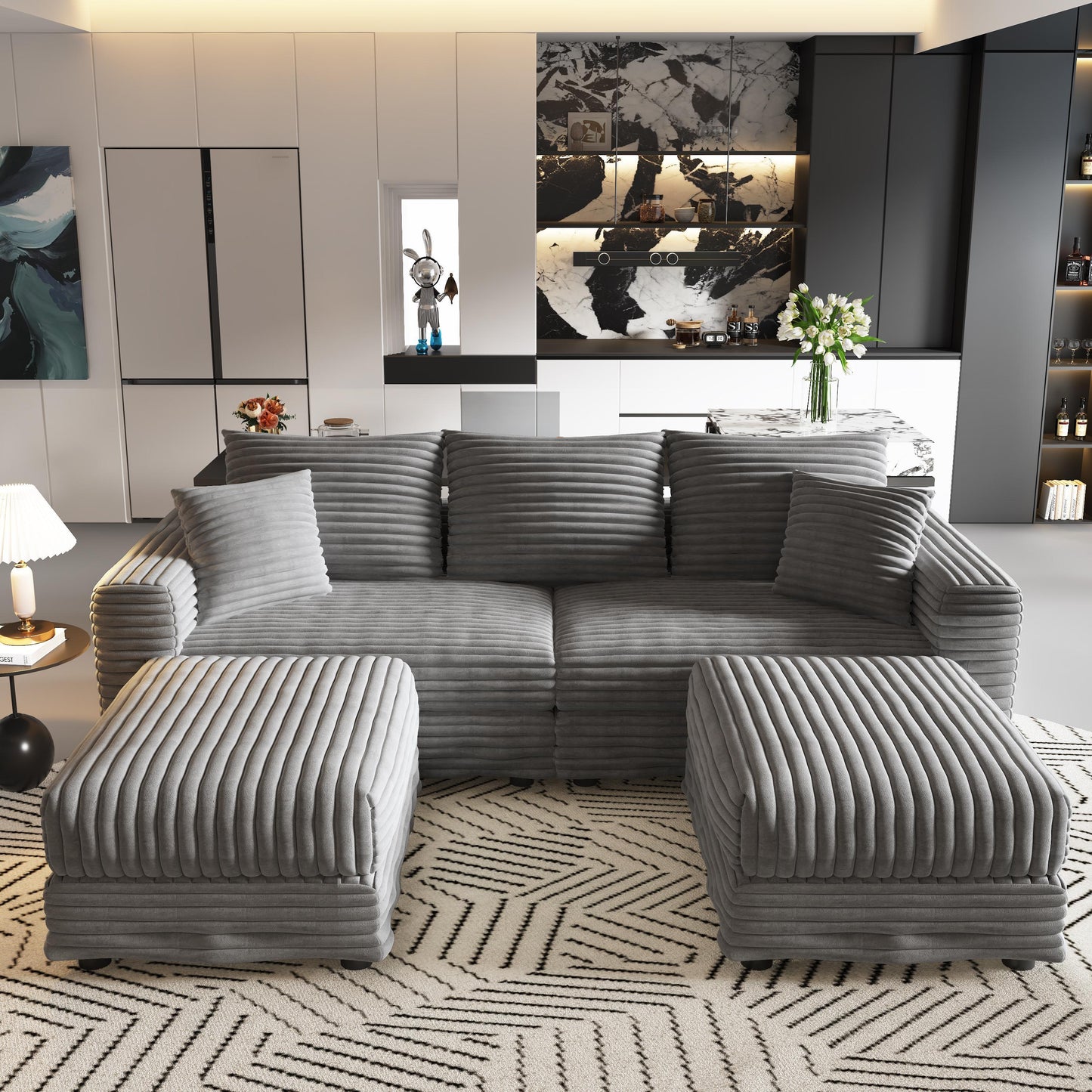 82.7 ' Plush Corduroy 3-Seat Sofa, Modern Comfy Upholstered Sofa Cloud Couch, Deep Seat Couches with Soft Pillows and 2 Ottomans, Convertible Sofa Lounge Chair, for Living Room,Apartment,Office,Grey