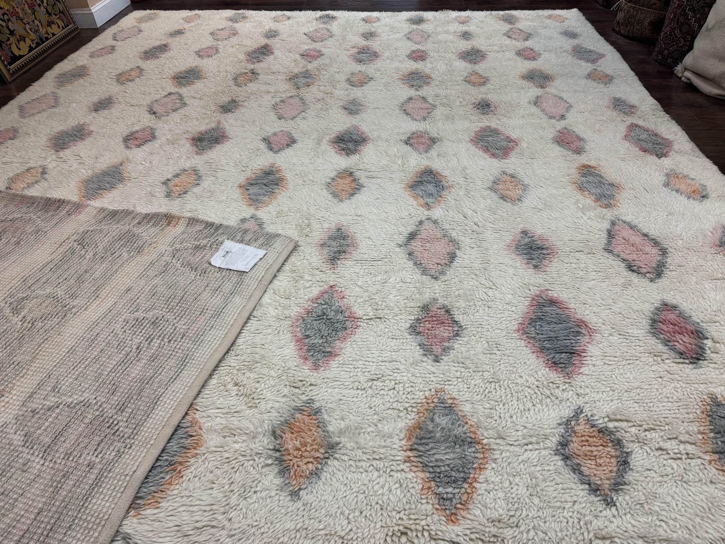 USED Large Modern Contemporary Indian Shag Rug 11x14, Ivory, Handmade Wool Carpet