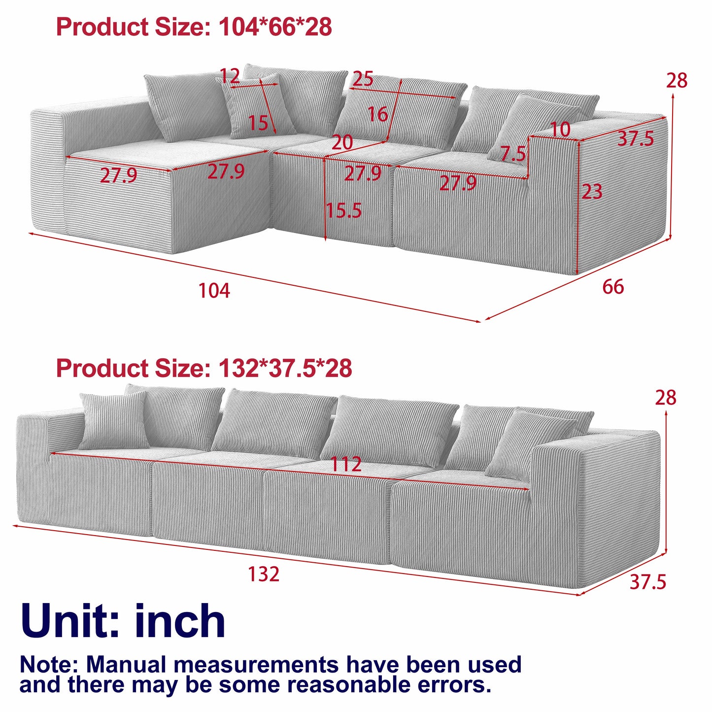 NEW 104-Inch Corduroy  Modular L Shaped Sectional Sofa,Luxury Floor Couch Set,Upholstered Indoor Furniture,Foam-Filled Compressed Sofa for Living Room,Bedroom,4 PC Free Combination