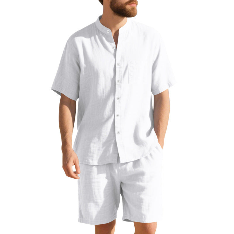 New American Linen Suit Men's Summer Two-piece Suit Henry Collar Beach