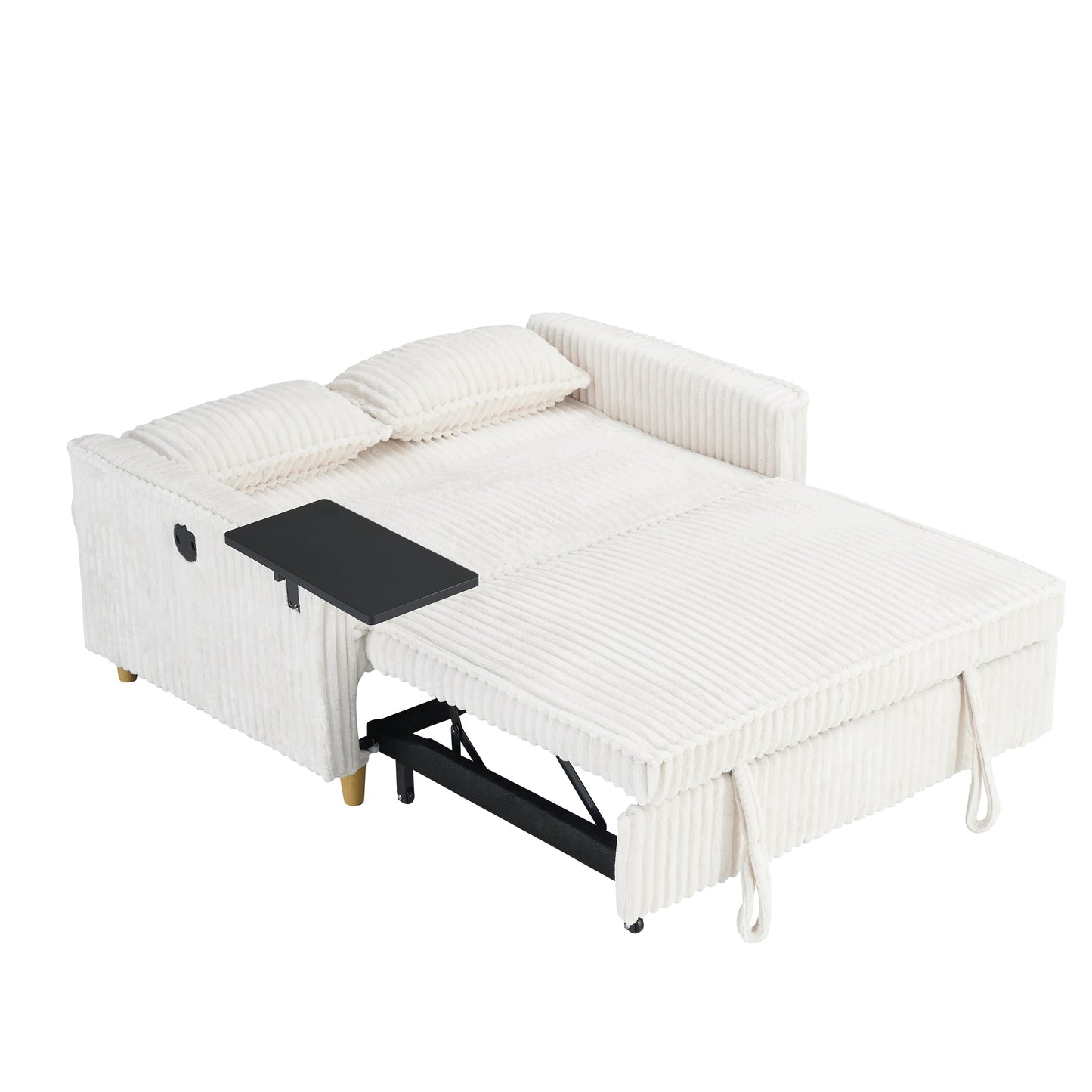NEW Pull-out Push-in Beige Corduroy Sofa with Dual Functions Movable Tabletop and USB Ports