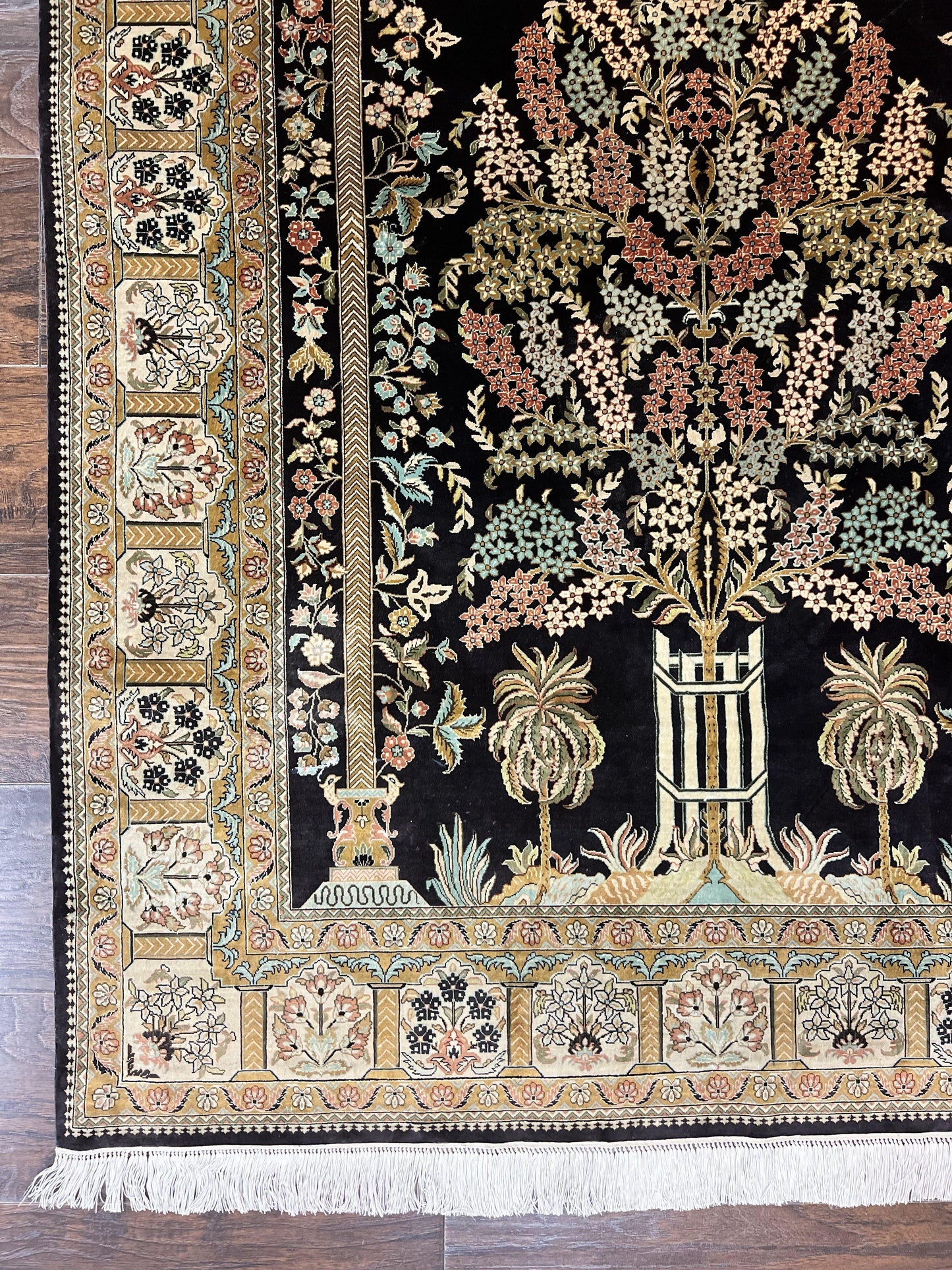 USED Wonderful Sino Persian Silk Rug 4x6, Tree of LIfe Design, Masterpiece 575 KPSI, Birds, Prayer Rug, Black, Silk on Silk