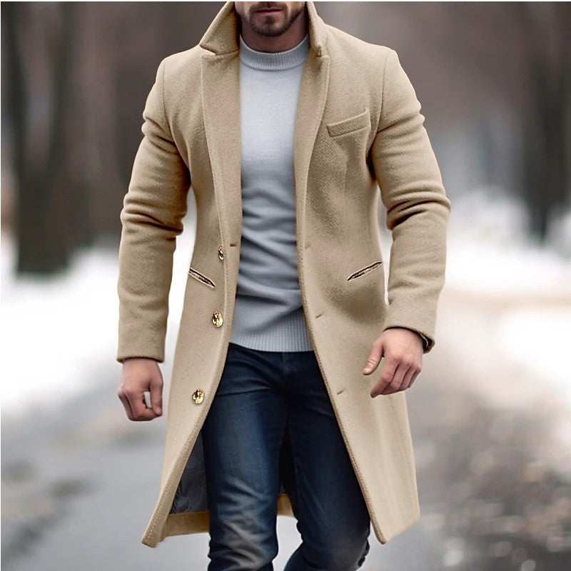 New Winter Lapel Trench Coat Fashion Pocket Single Breasted Jacket Outerwear Casual Solid Color Men's Clothing
