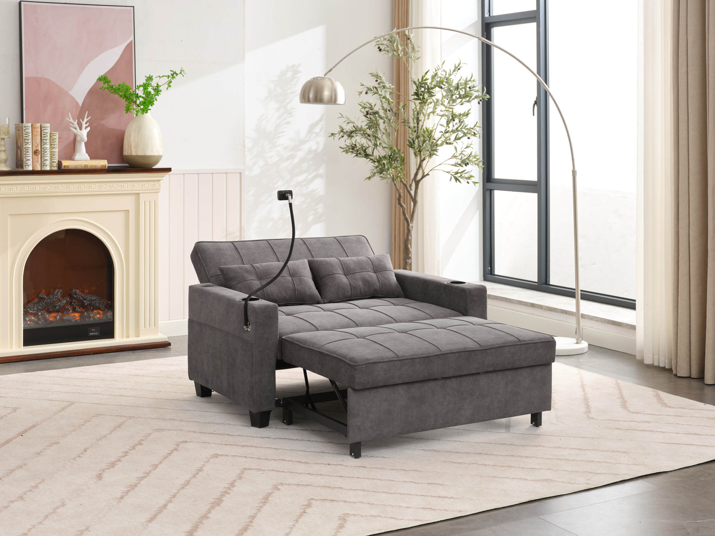 NEW Dark Grey Cloth Fabric 2 Seater Loveseat Recliner Sofa Bed with Adjustable Backrest USB and Cupholders