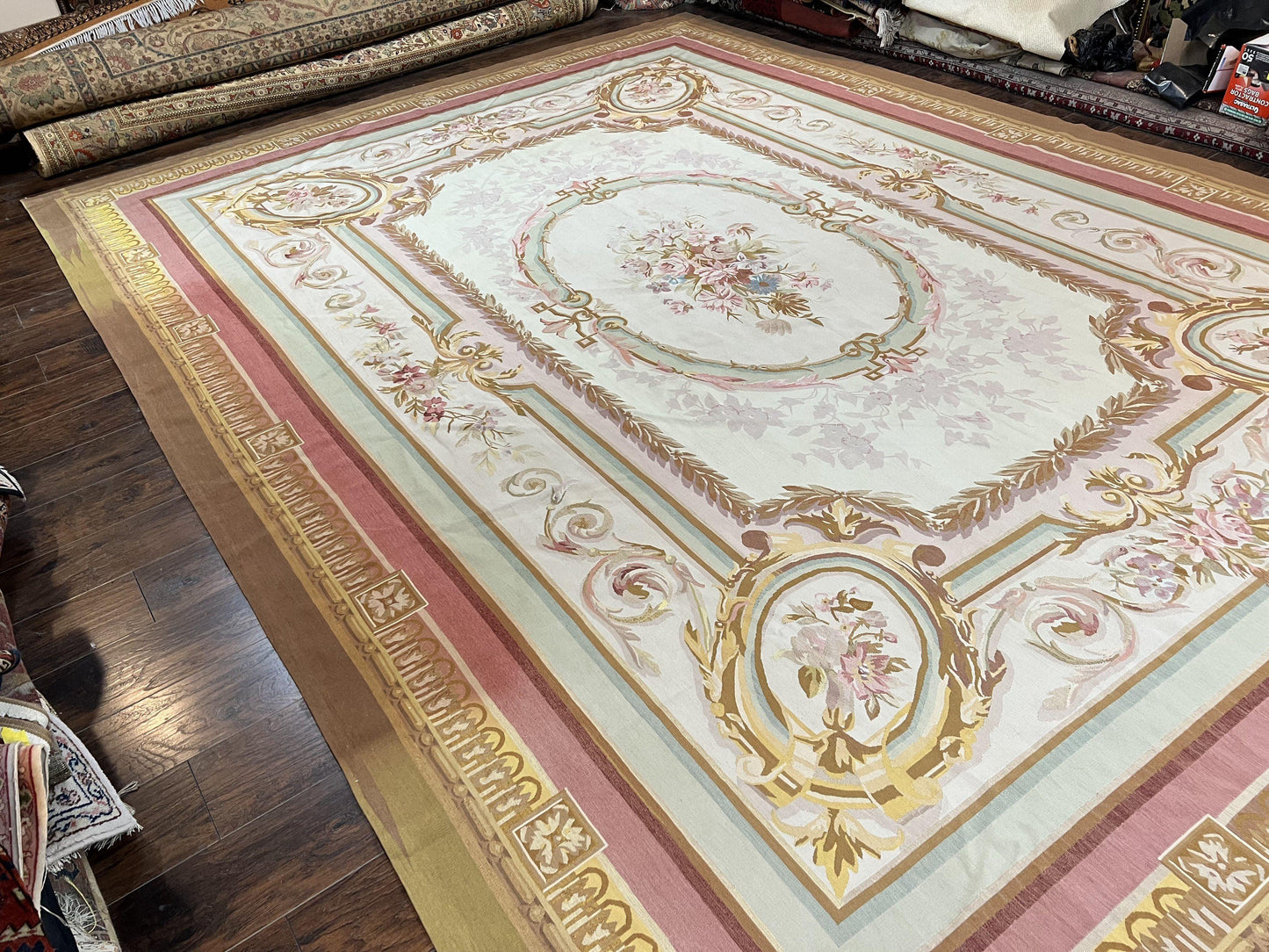 USED Large Aubusson Rug 11x15, Oversized Gallery Palace Size Flatweave Savonnerie Carpet 11 x 15 ft, Wool Handmade Vintage Elegant European
