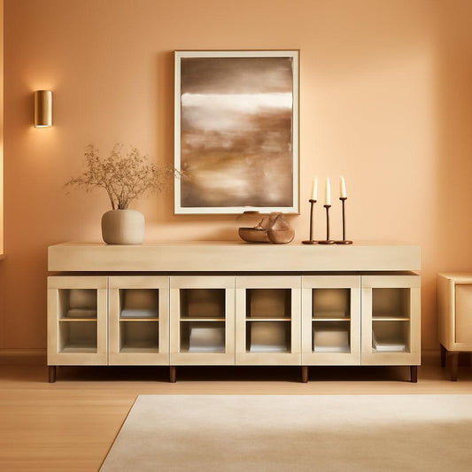 NEW Light Oak Glass Doors Sideboard With Drawers For Dining