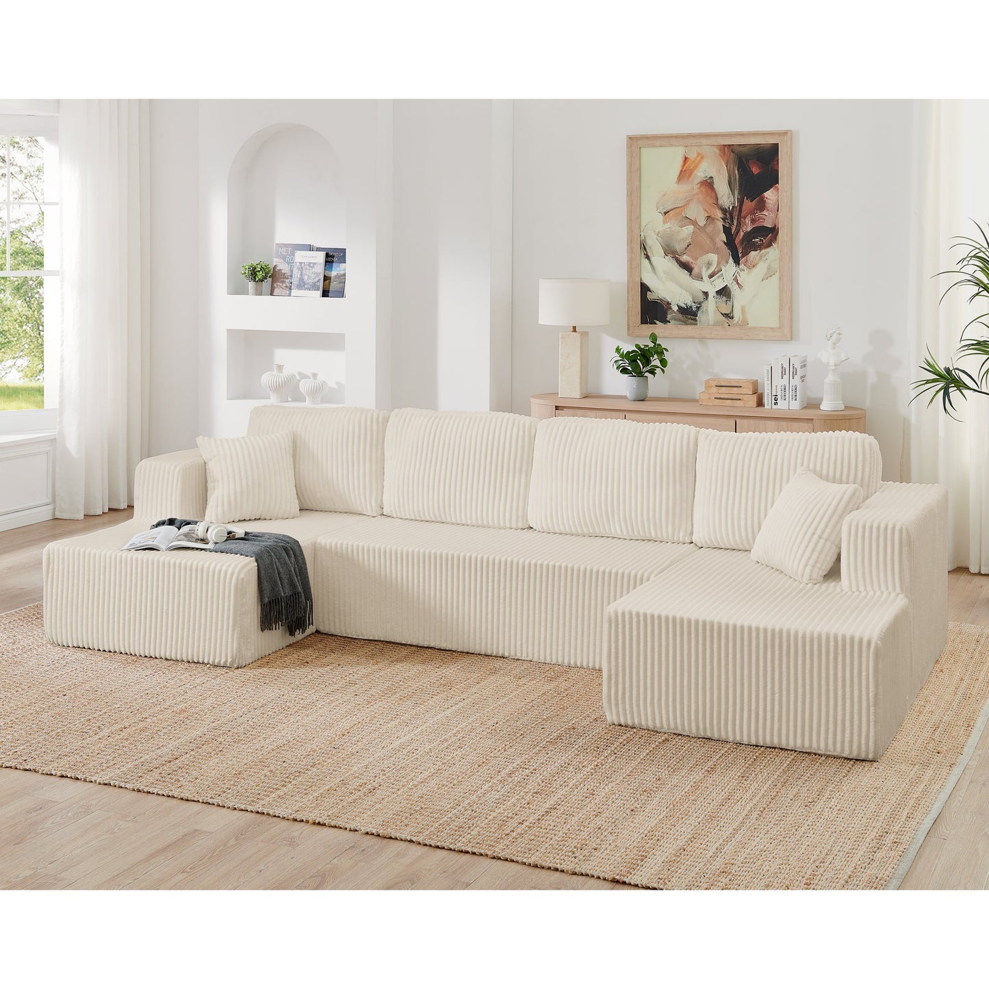 NEW Modern Minimalist U-Shape Beige Corduroy Modular Sectional Sleeper Sofa