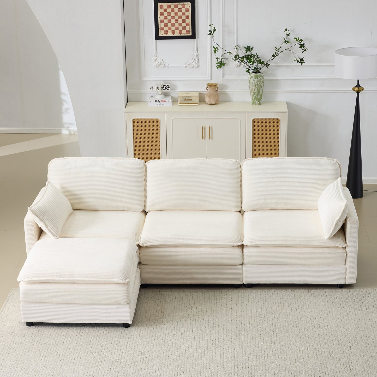 NEW 104' Plush Cloud Beige 3 Seater Modular Sofa + Ottoman with 22' Chenille Cushions and 2 Throw Pillows