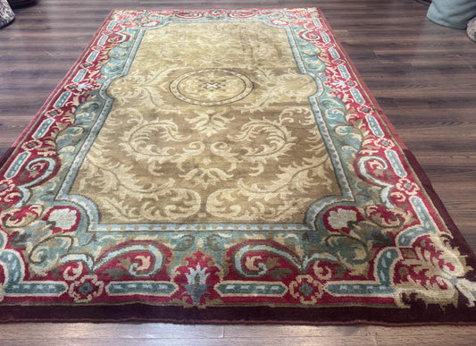 USED Tibetan Aubusson Rug 6x9, Gold-Beige, Soft Wool Pile, Handmade