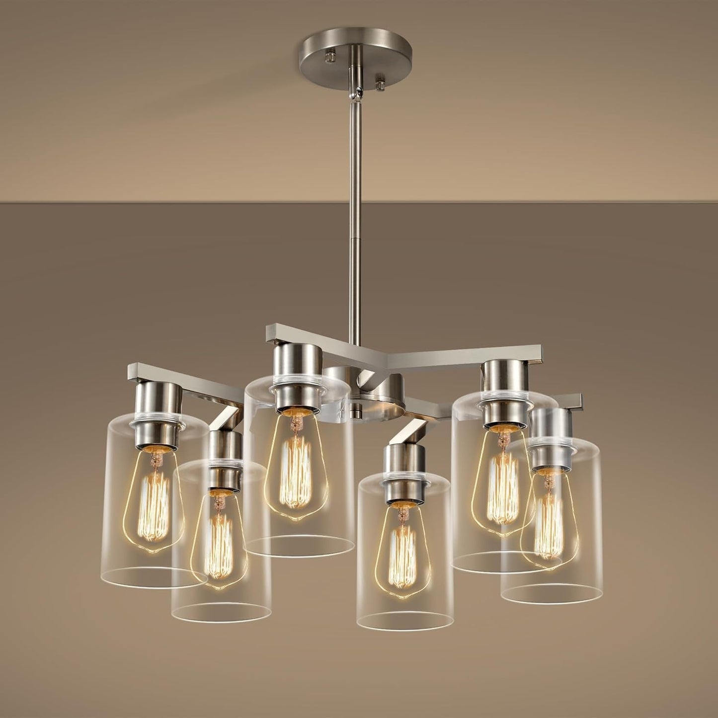 NEW 6 Light Farmhouse Brushed Nickel Pendant Chandelier