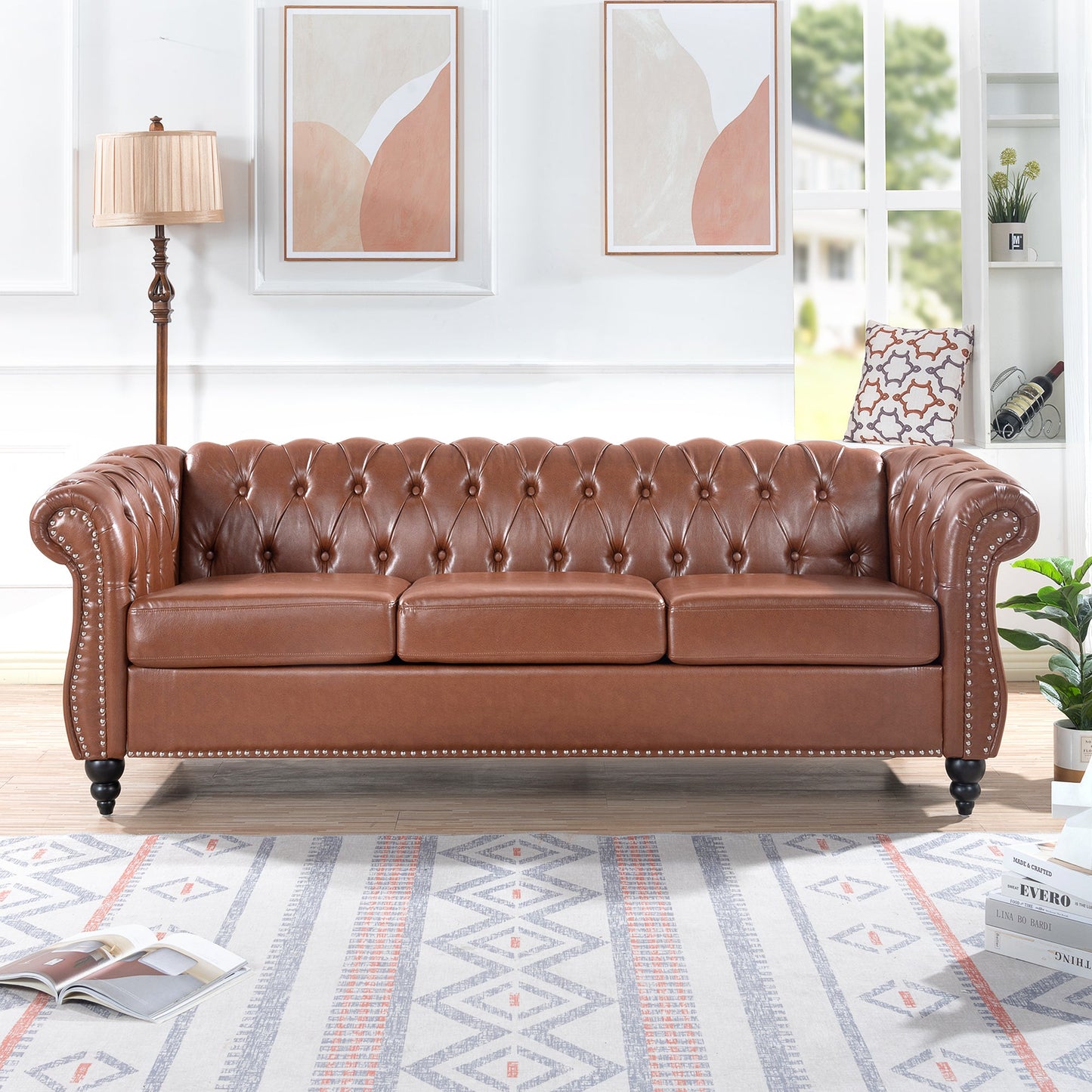NEW Classic Chesterfield Three Seater Sofa Brown PU Leather with Rolled Arms and Birch Legs 84.65 Inches