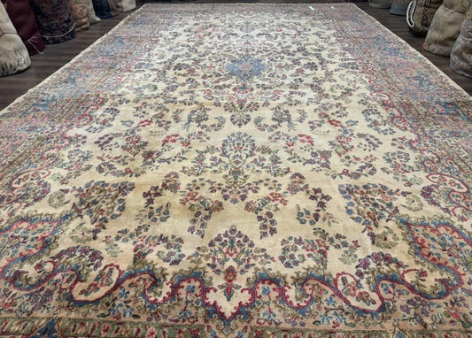 USED Palace Size Persian Kerman Rug 11x20 ft, Very Fine 340 KPSI, Vintage Oversized Wool Handmade Large Persian Carpet, Beige Light Blue Pink