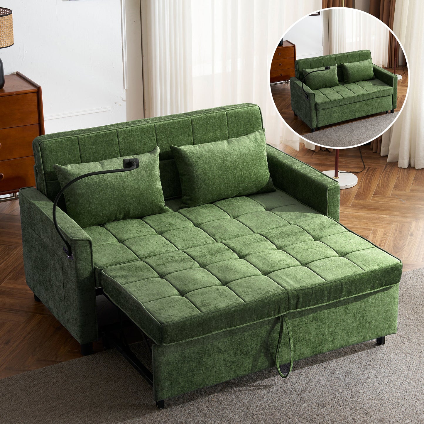 NEW 56.9' Convertible Loveseat Sofa Bed with Adjustable Backrest, USB Ports, Phone Holder, Side Pockets, Green Chenille,