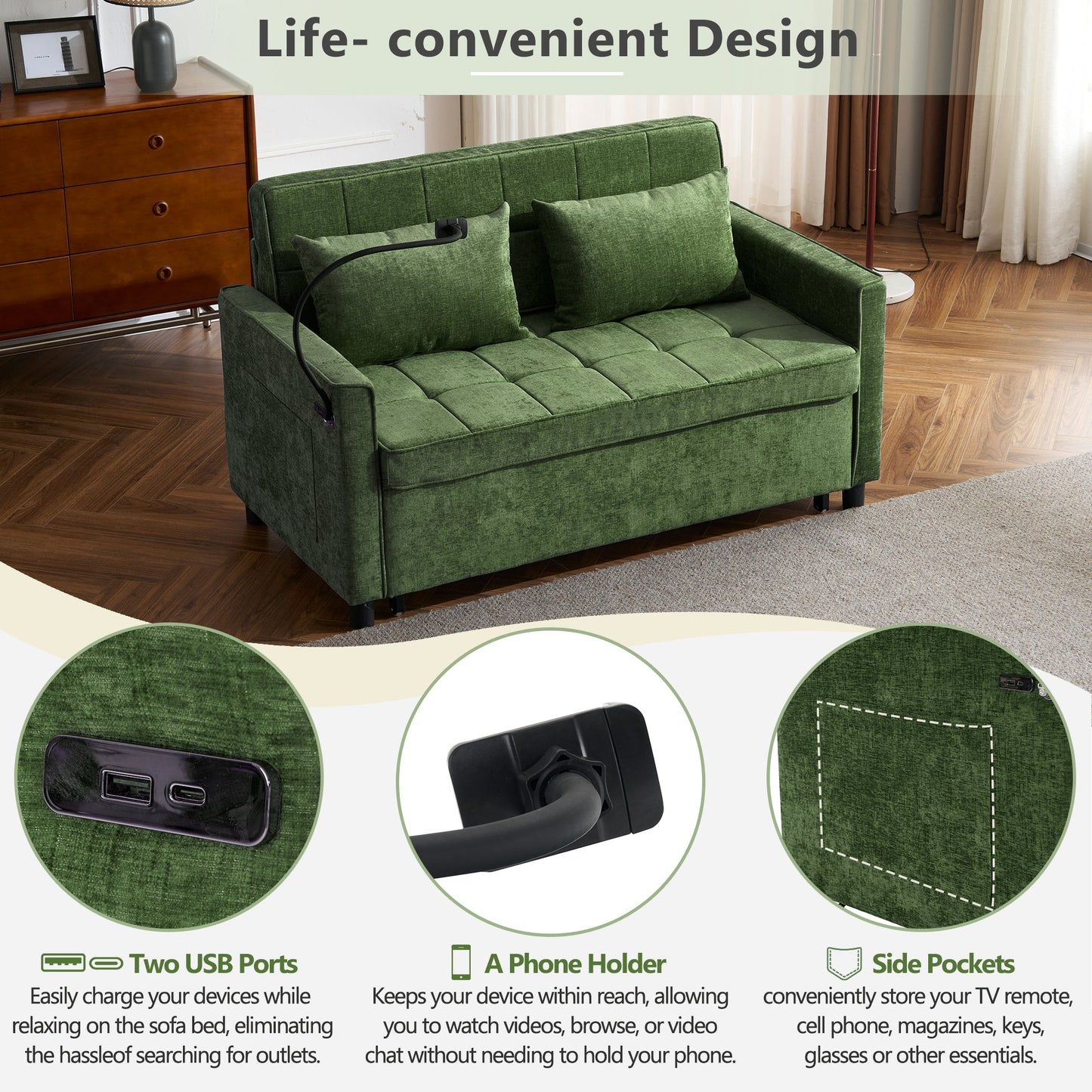 NEW 56.9' Convertible Loveseat Sofa Bed with Adjustable Backrest, USB Ports, Phone Holder, Side Pockets, Green Chenille,