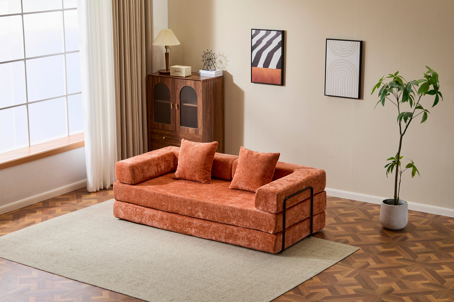 NEW Orange Chenille Fabric Comfy Futon Couch Lounge Sleeper Compression Convertible Floor Sofa Bed Couch with Pillow Back Support Armrest Bed