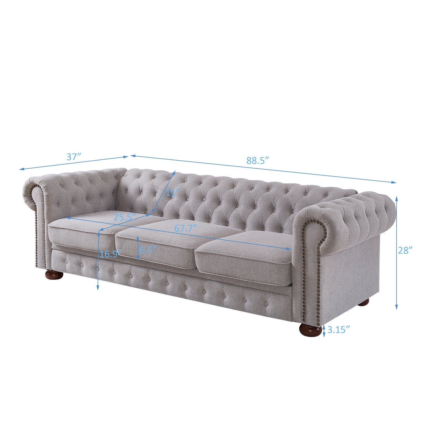 NEW Light Grey Linen Fabric Chesterfield Sofa Couch