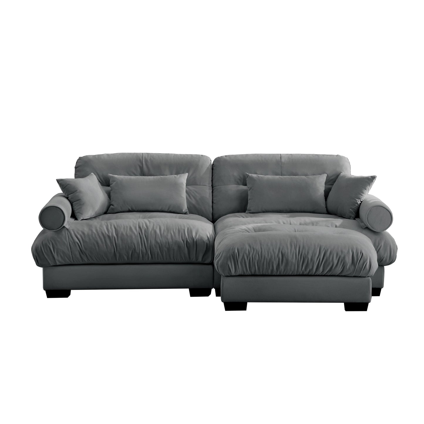 NEW Modern Grey Velvet Two-Seater Sofa with Ottoman and Round Bolster Armrests L Shape