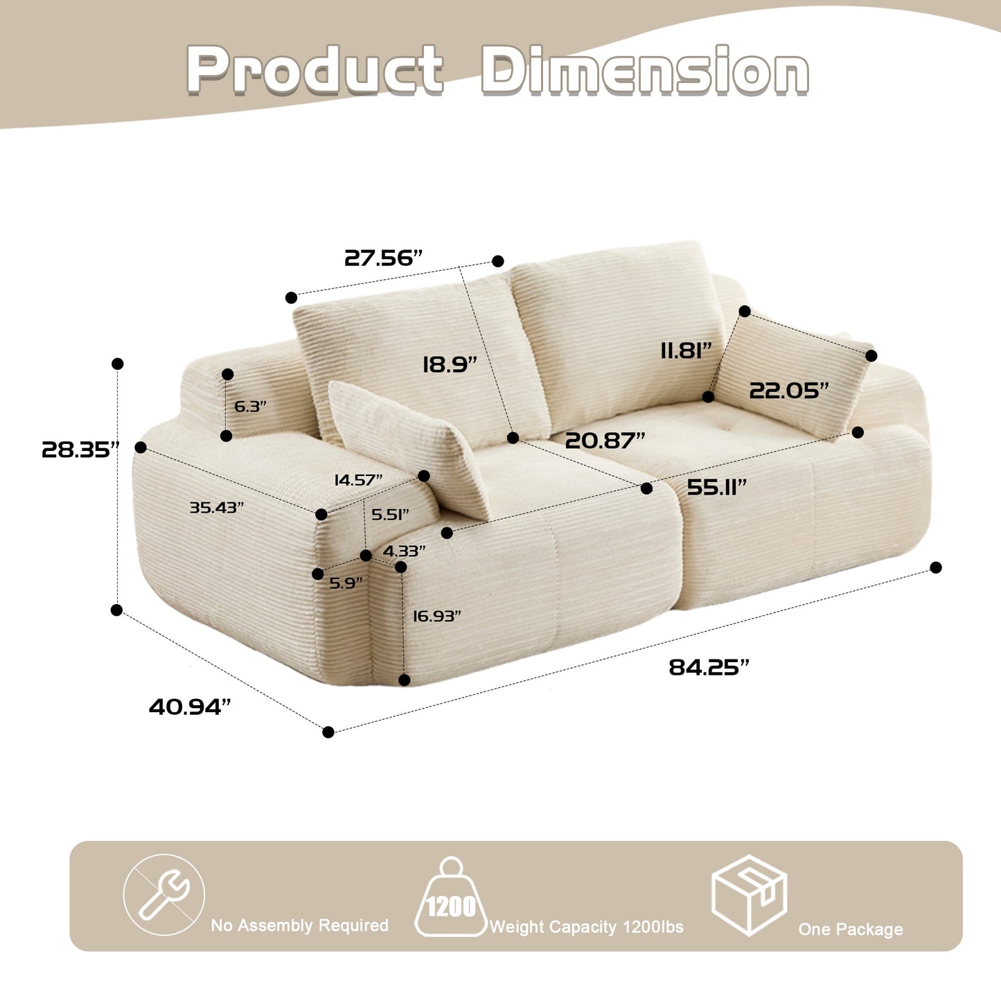 NEW Modern Beige Corduroy Fabric Memory Foam Compressed 2 Seater Large Modular Sectional Loveseat Sofa Couch